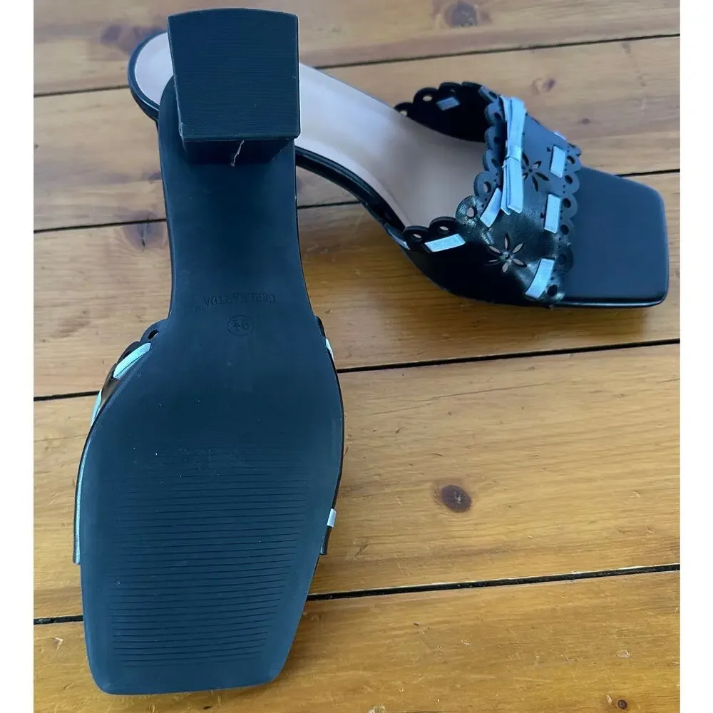 New in box Open Square Toe Black Mules Chunky Block Heel Size 9.5 Ribbon Floral - Picture 6 of 11